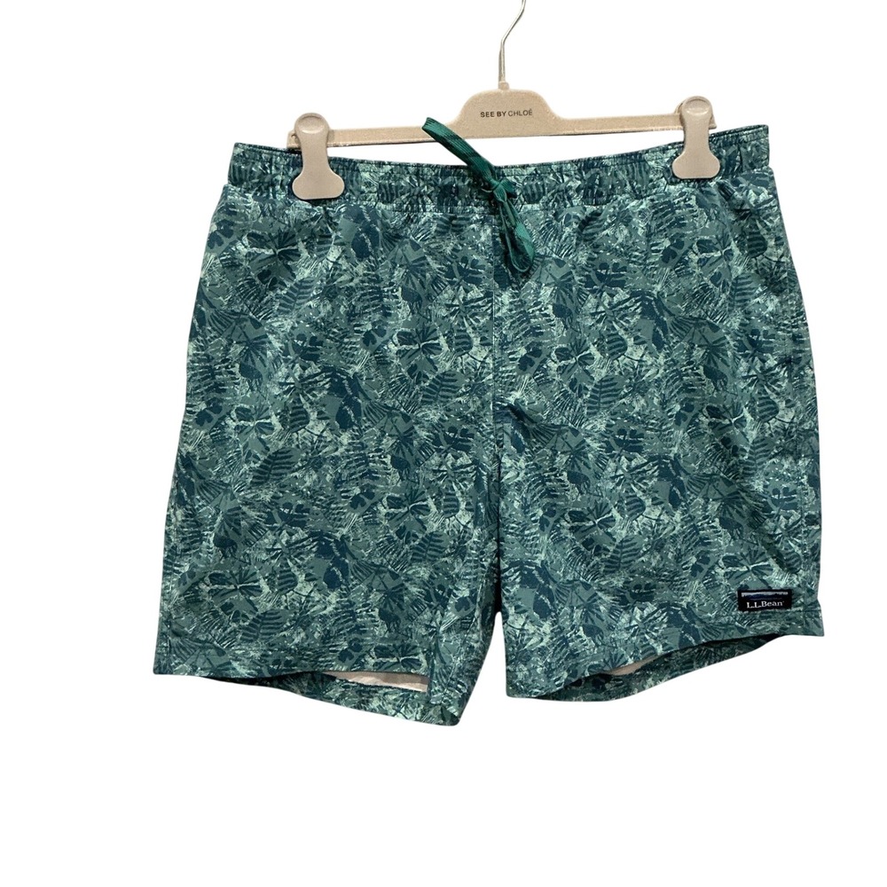 LL‎ Bean Mens Vacationland Stretch Swim Trunks Teal Green Leaf Beach Shorts XL